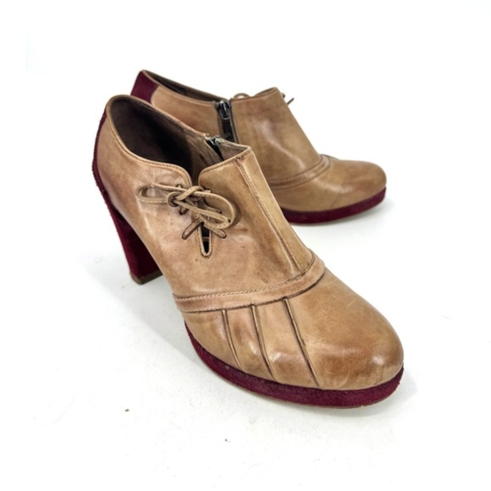 Antelope Womens Tan Leather Burgundy Suede Block Heel‎ Ankle Boots Size 38